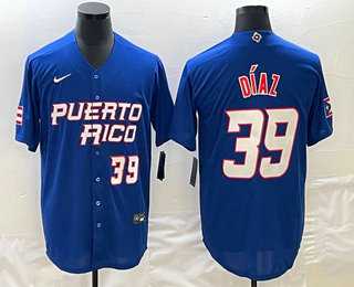Mens Puerto Rico Baseball #39 Edwin Diaz Number 2023 Blue World Baseball Classic Stitched Jersey->2023 world baseball classic->MLB Jersey